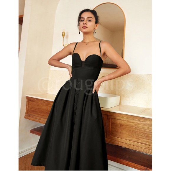 Black Midi Dress Flared Skirt Fitted Bustier Sweetheart Mesh Neckline Cami - Picture 4 of 15